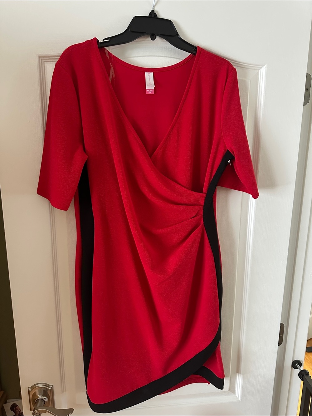 No Boundaries Red Faux-Wrap Dress with Black Side Panels